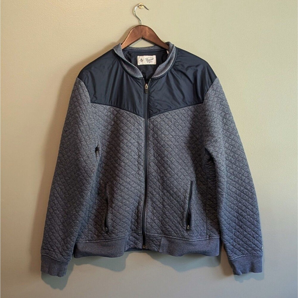 Original Penguin Mens XL Bomber Jacket Blue Quilted Zip Up Coat Extra Large